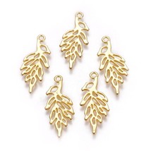 6 Leaf Charms Shiny Gold Tone Leaves Pendants Nature Tree 29mm Jewelry Making - £2.77 GBP