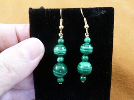 ee701-17) round 10 + 3mm green Malachite beaded gemstone gold dangle earrings - £12.75 GBP