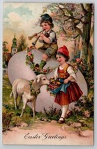 Easter Greeting Children Lamb Boy On Large Egg With Horn Postcard X25 - $6.95