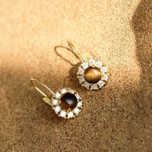 18K Gold Tiger Eye Stone Sunflower Huggie Hoops Earrings, S925 Silver, precious - £41.17 GBP