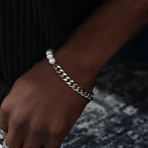 Hot Trendy Beads Chain Men Bracelet Imitation Pearl Bead Stainless Steel Cuban C - £14.16 GBP