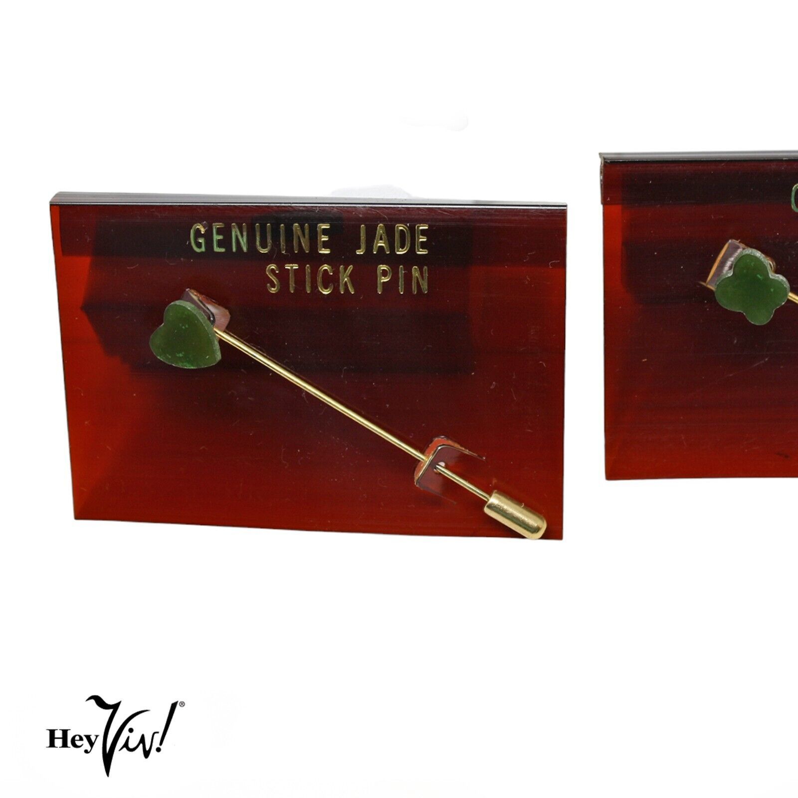 Primary image for Vintage 2 Genuine Jade Stick Pins Taiwan ROC Label Heart & Flower Shape -Hey Viv