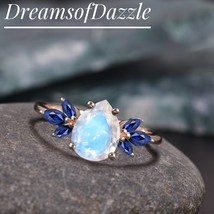 Vintage Blue Fire Moonstone Engagement Ring, Marquise Blue Sapphire Cluster Ring - £40.33 GBP