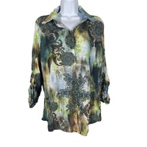 David Cline Womens Shirt Size Large Abstract Print Button Front Tab Sleeve - £17.26 GBP