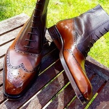 Handmade Men&#39;s Balmoral Brown Burgundy Cowhide Leather Wingtip Ankle High Boots - £110.90 GBP