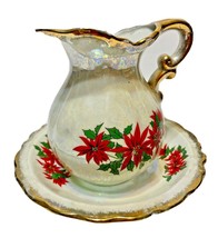 Vintage Brinns Poinsetta Pitcher and Bowl Christmas Holiday Irredescent - $14.58