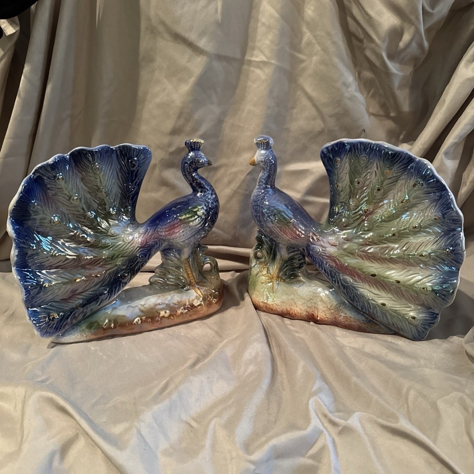Vintage Ceramic Peacock Figurines Pair Iridescent Finish Bird Statues Decor Item image 9