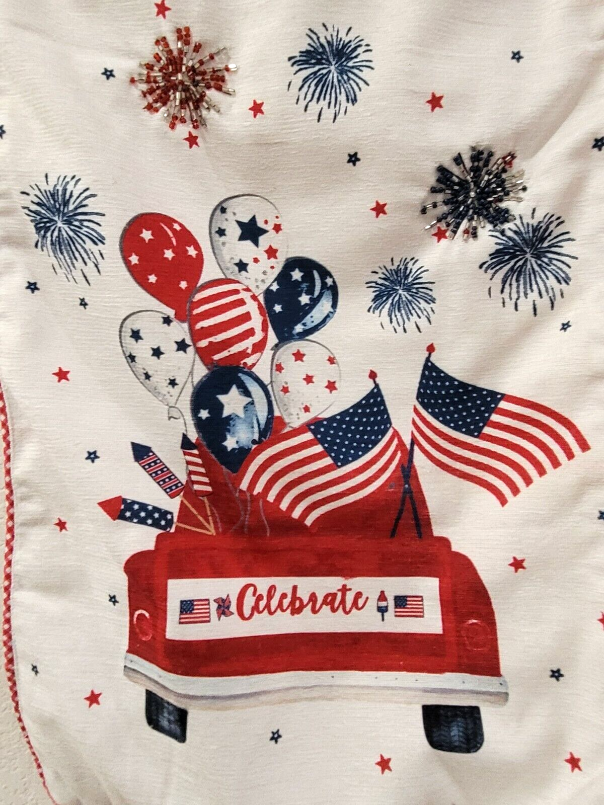Williamstown Patriotic 4th of July Red Truck Beaded Table Runner 14&quot; x 7... - $39.59