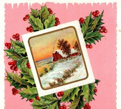 1927 Happy New Year Embossed Postcard Winter Scene Holly Berries Gold Accents - £20.02 GBP