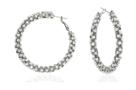 Crystals By Swarovski Cluster Silver Hoop Earrings in Rhodium Overlay  2 Inch - $53.40