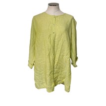 Tahari Linen Roll Tab Sleeve Button Down Lagenlook Top in Neon Lime Green Sz 1X - £24.80 GBP