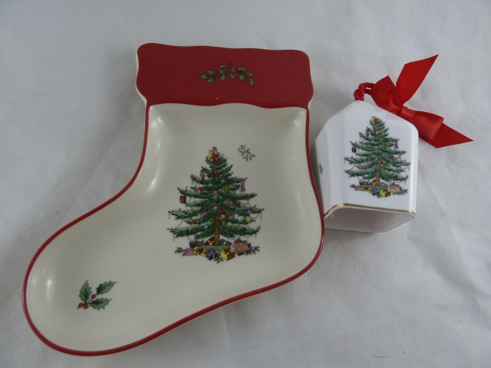 Spode christmas tree stocking shape candy dish 7&quot; with Square Bell Ornament - $18.69