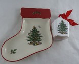 Spode christmas tree stocking shape candy dish 7&quot; with Square Bell Ornament - $18.69