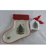 Spode christmas tree stocking shape candy dish 7&quot; with Square Bell Ornament - $25.45 CAD