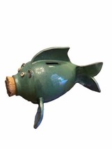 Fish Coin Bank Pottery Glazed Art Studio w Cork Mouth Signed w Design 11 In 2009 - £55.03 GBP