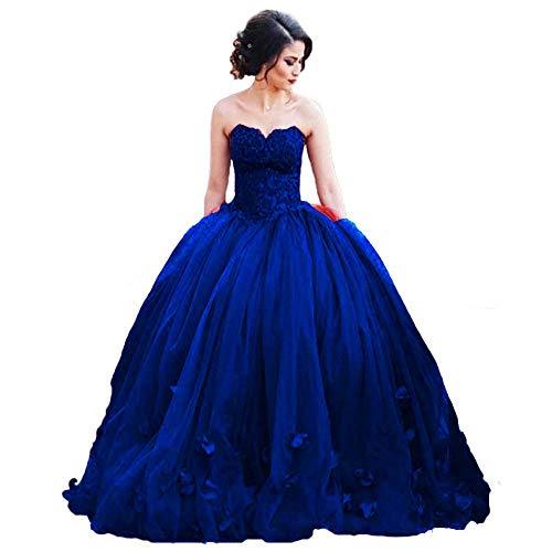 Women Long Ball Gown Tulle Floral Beaded Lace Formal Prom Dress Royal Blue US 16