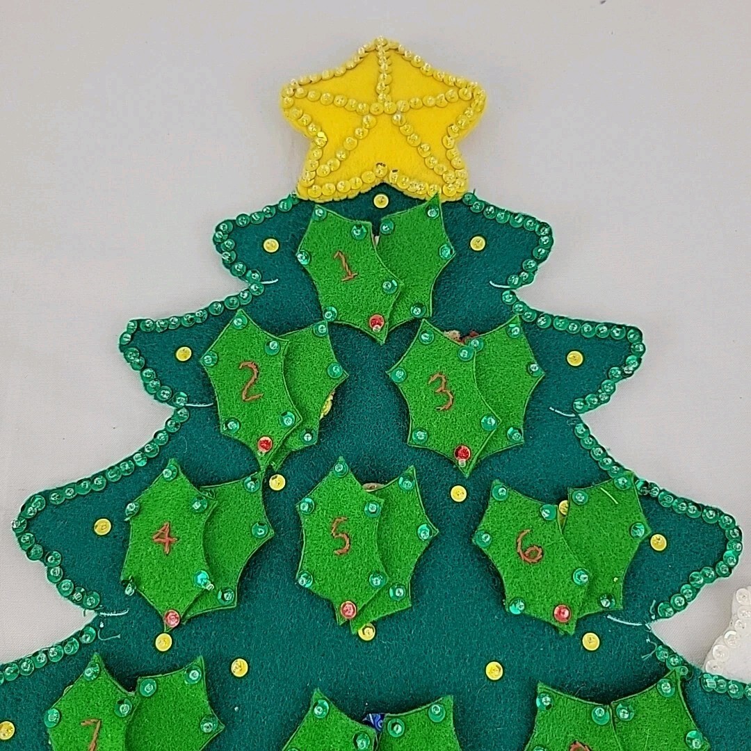 Vtg Jeweled Advent Calendar Felt Sequined Embroidered XMAS Tree Handmade Santa Item image 2