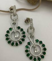 Bollywood Style Silver Plated Indian Green CZ Earrings Drop Flower Jewelry Set - £68.75 GBP