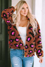 Leopard Zip Up Stand Collar Sherpa Teddy Jacket - £30.55 GBP