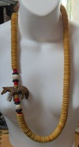 Round Flat Beige, Red, Blue, White Beaded Carved Wood Zebra Necklace 15.25&quot; - £17.06 GBP