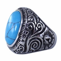 Synthetic Turquoise Ring Silver Stainless Steel Southwestern Style Band Size 8 - £6.38 GBP