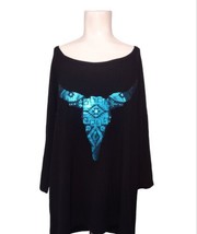 Wrangler Metallic Cow Skull Knit Top Size L Womens Black Turquoise South... - $14.84