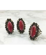 Vintage Mexican Silver Red Oval Single Stone Ring &amp; Screw Back Earrings Set - £45.41 GBP