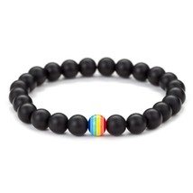 Rainbow And Stone Bead Bracelet 8mm Black Agate Stretch Lgbt Gay Pride Women Men - £7.19 GBP
