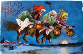 Easter Witch Postcard Glad Pask 3 Witches Tea Pots Brooms Moon Jenny Nystrom - $68.40