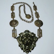 HUGE Lion Medusa Head Gold Tone Vintage Chain Belt Necklace Solid Metal Glam - £76.42 GBP