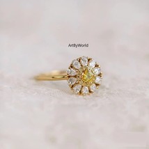 Floral Engagement Ring Round Simulated Yellow Diamond Anniversary Ring for Her - £79.38 GBP