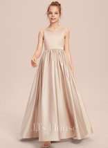 A-line V-Neck Floor-Length Satin Junior Bridesmaid Dress With Bow - £86.81 GBP