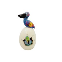 Hatched Egg Pottery Bird Pelican Toucan Blue Mexico Hand Painted Clay Signed - £11.60 GBP