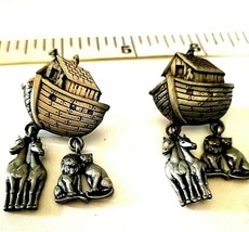 Vintage Pewter Noah&#39;s Ark Pierced Dangle Earrings 1 And 3/4&quot; - £12.86 GBP