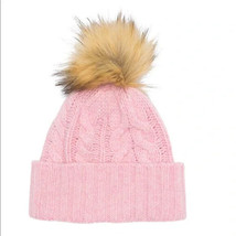 Halogen Cashmere Cable Knit Beanie with Faux Fur Pom, Pink/Brown, NWT - £36.62 GBP