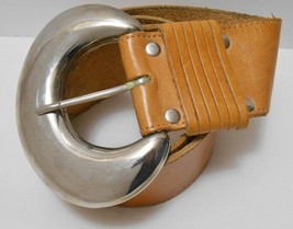 Women&#39;s Wide Leather Belt Tan Brown Strap Huge Crescent Buckle 24 -30&quot; S - £36.10 GBP