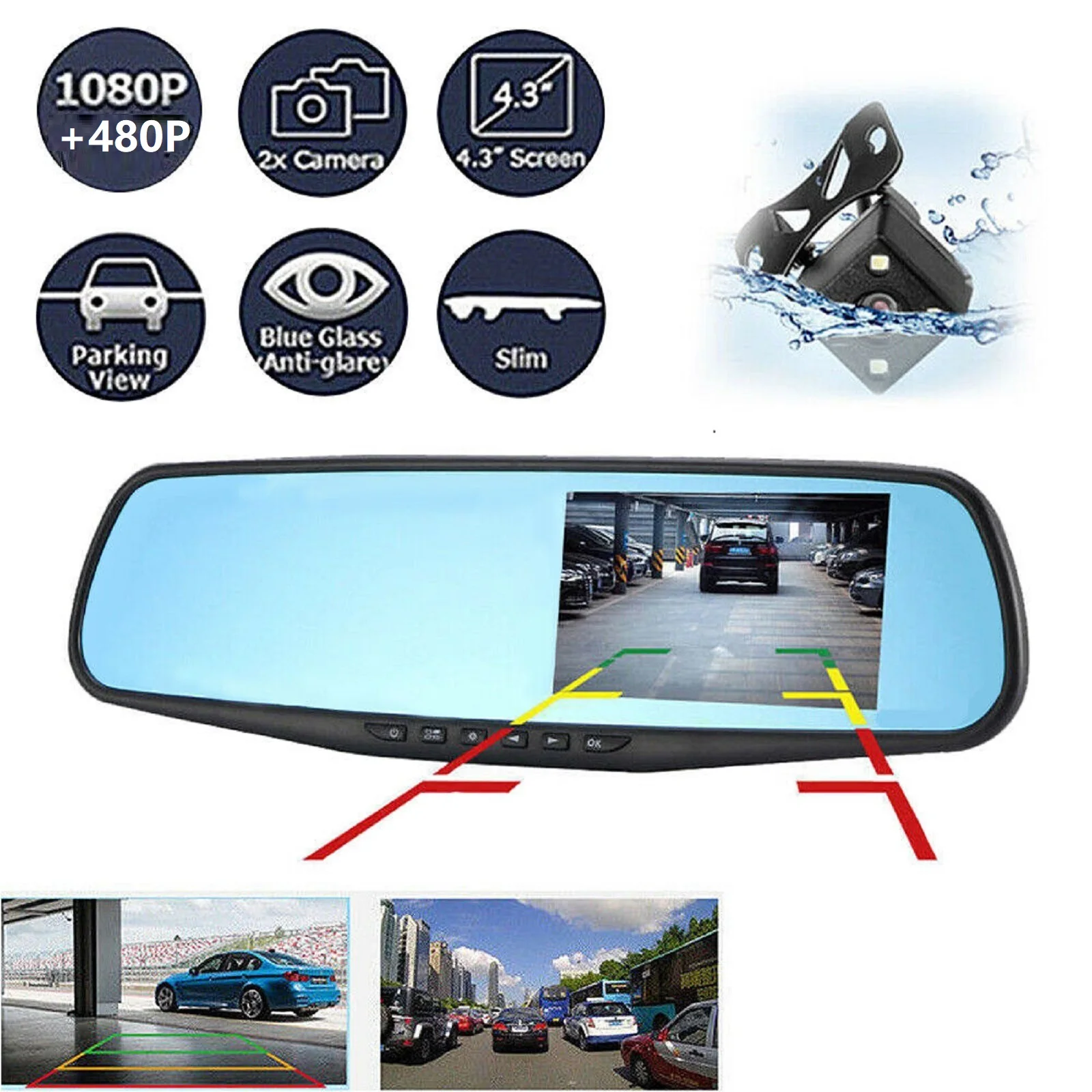 1080P Car DVR Camera Auto Dashcam 4.3inch Rearview Mirror HD Dual Lens 24H Drivi - £66.60 GBP
