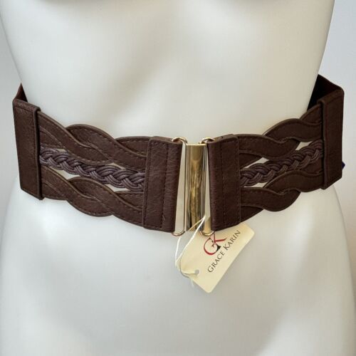 Primary image for GK GRACE KARIN Belt Brown Faux Leather Front Elastic Back Gold Tone Women’s XL