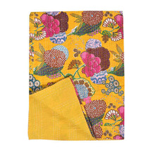 Indian Cotton Yellow Fruit Print Bedspread Kantha Quilt Throw Blanket Bed Cover - £43.65 GBP+