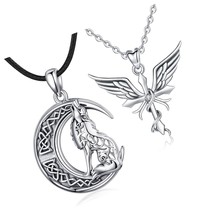Angel Wings Cross Necklace and Wolf Crescent Moon - £160.91 GBP