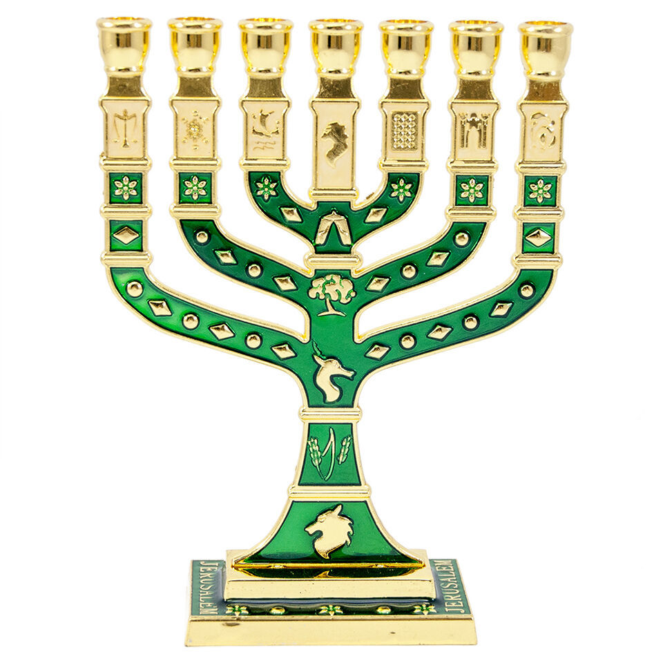Green Pewter 7 Branched Candle Holder Jewish Hanukkah Menorah Judaica 5&quot;... - $18.43