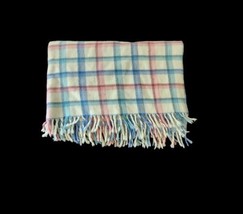 Vintage 100% Wool Throw Stadium Blanket 47X62 in BLUE PINK White Read* - $34.65