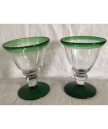 Mouth Blown Green Rim Clear Dessert Glass Dish Short 5” Infused Drink - $16.99