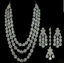 Indian Bollywood Style Silver Plated CZ Bridal Long Necklace Earrings Tikka Set - £200.95 GBP