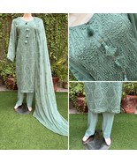 Pakistani Sage Green 3 Pcs Fancy Chiffon Dress with thread embroidery ,L - $134.86 CAD