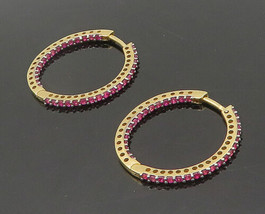 14K GOLD - Vintage Created Ruby Shiny Round Hoop Earrings - GE014 - £345.81 GBP