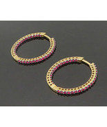 14K GOLD - Vintage Created Ruby Shiny Round Hoop Earrings - GE014 - €374,90 EUR