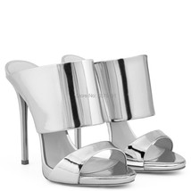 Rose Gold Patent Leather Shiny Blue Slim Sandals Summer Slim Platform Shoes Dres - £79.54 GBP