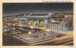 Union Depot Railroad Station at Night Kansas City Missouri linen postcard - £5.05 GBP