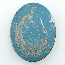 TINDECO? vintage oval peacock candy tin - pale blue with silver bird on ... - $13.00